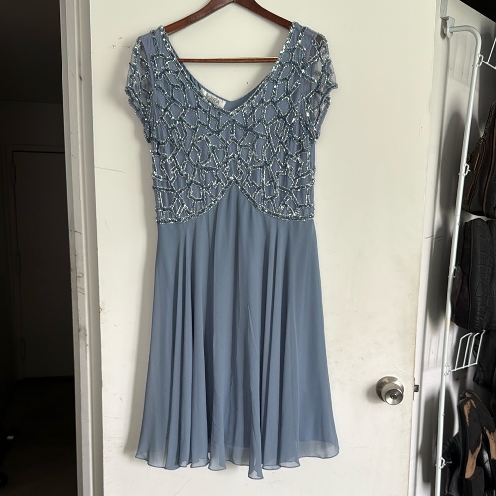 J Kara Blue Sequin Flutter Sleeve Midi Cocktail Dress Sz 12 NWT!